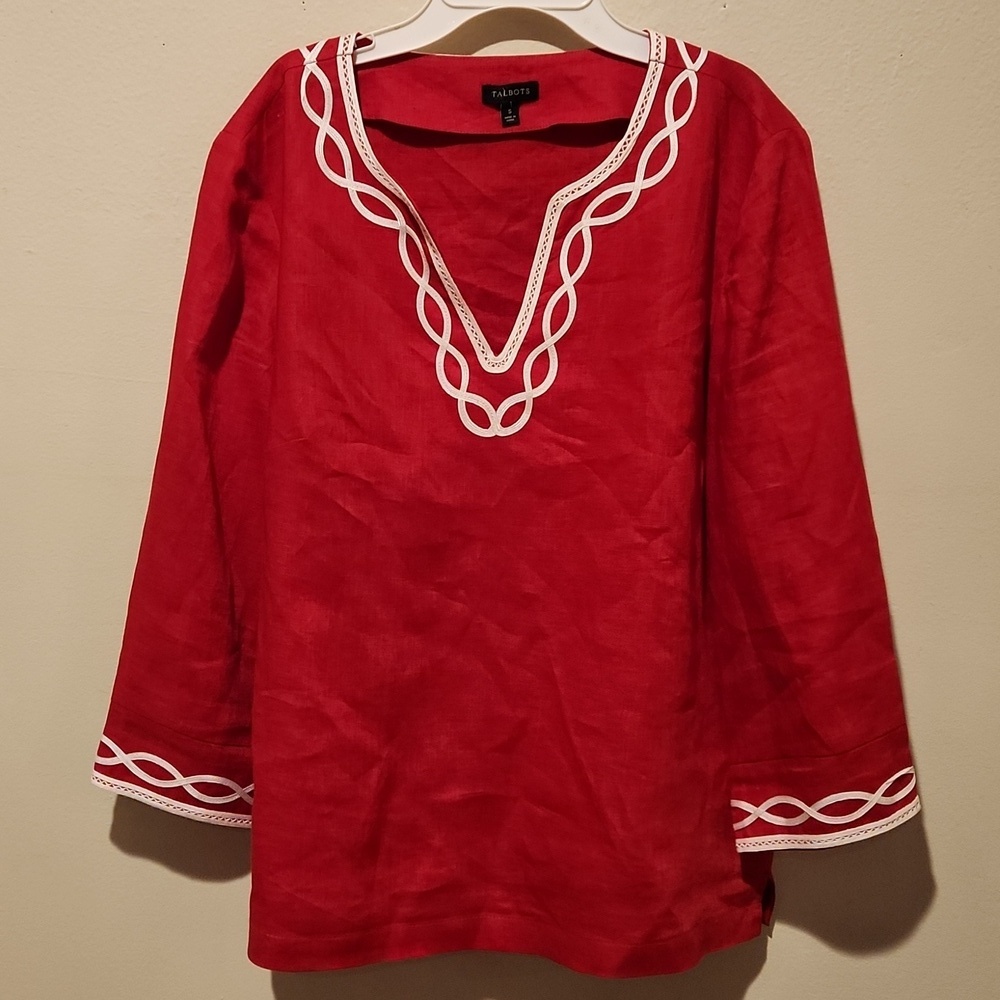 ❤ TALBOTS EMBROIDERED LINEN TUNIC TOP, SMALL